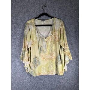 Vintage Blouse Women 1X Green Flare Sleeve V Neck Paisley Print Fairy‎ Grunge